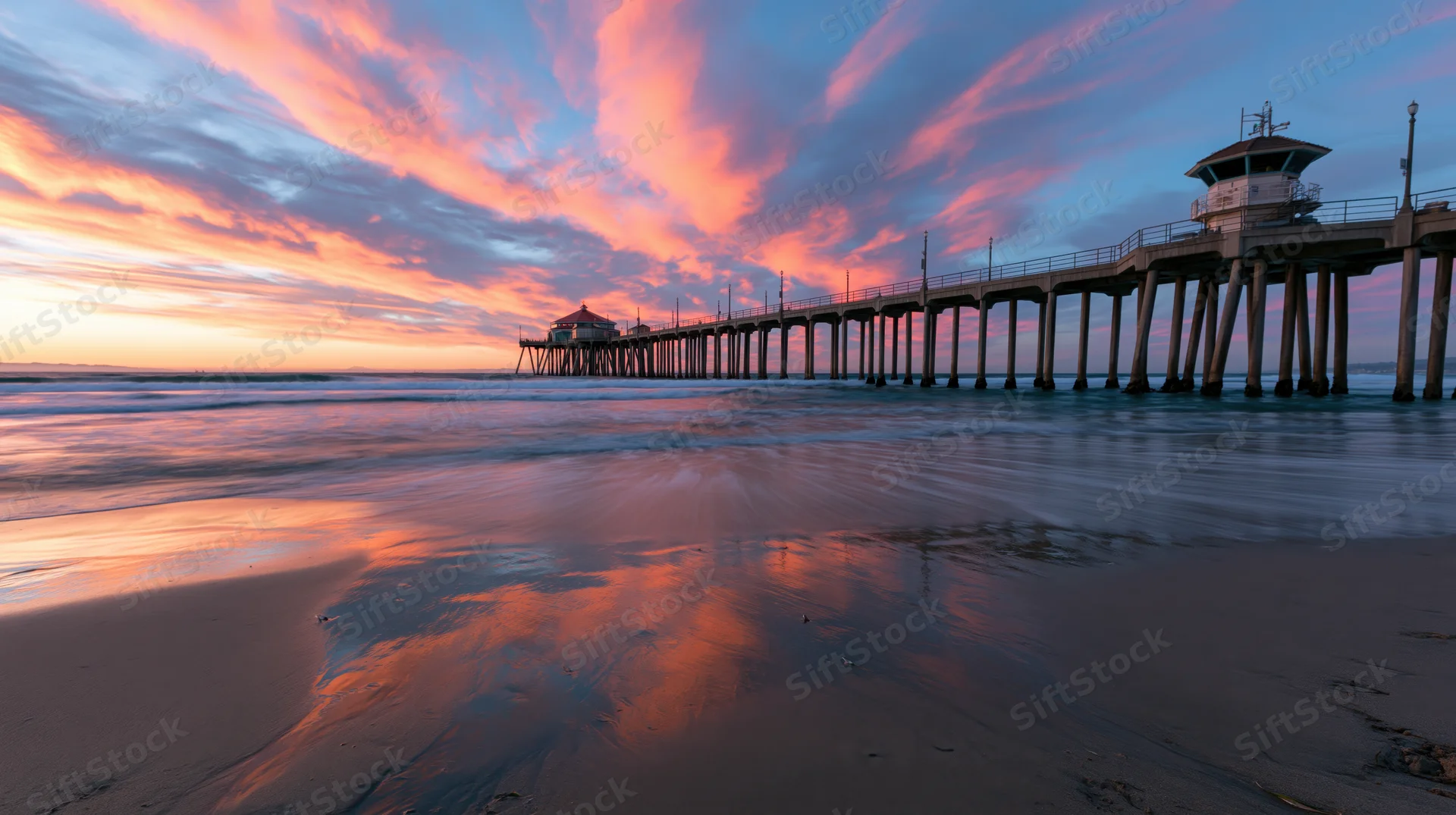 Long pier extending over ocean at sunset with colorful sky reflected on wet sand