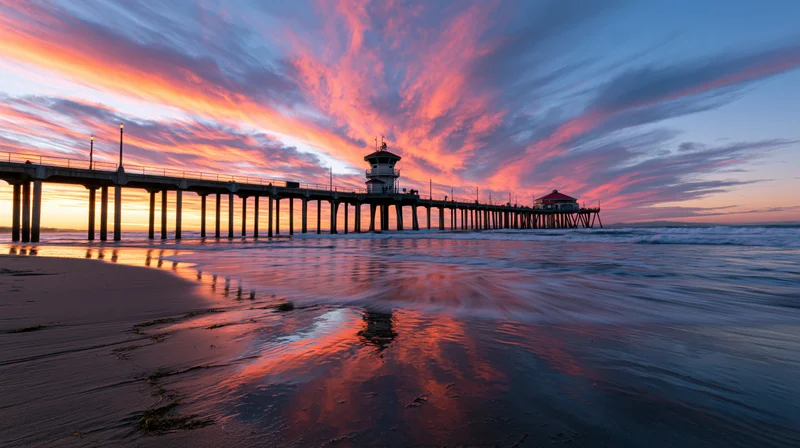 Huntington Beach pier extending over the Pacific Ocean at sunset with vibrant sky reflections on wet sand and water