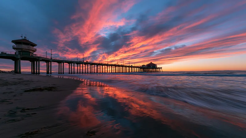 Huntington Beach pier extending over the Pacific Ocean at sunset with vibrant sky reflections on wet sand