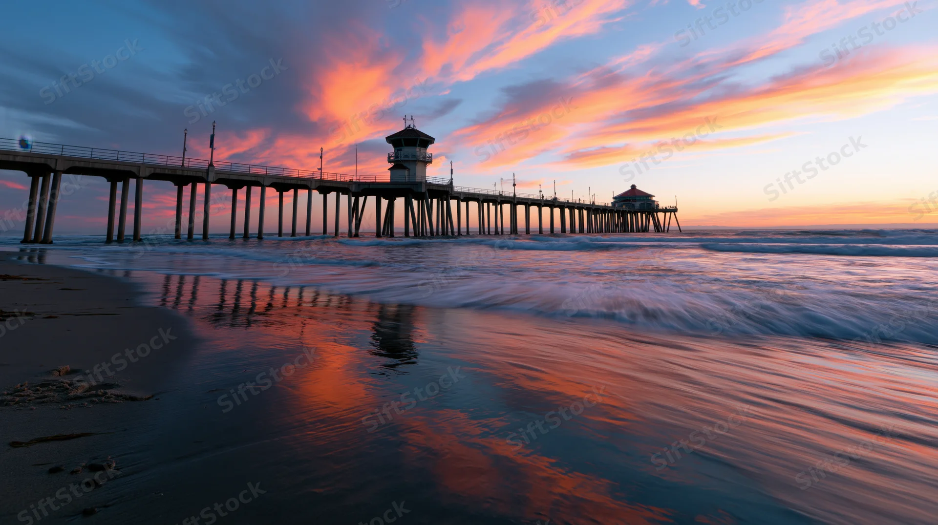 Long pier extending over ocean at sunset with colorful sky reflected in wet sand