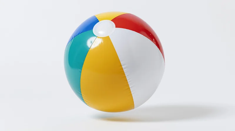 Inflatable beach ball with colorful panels floating against white background