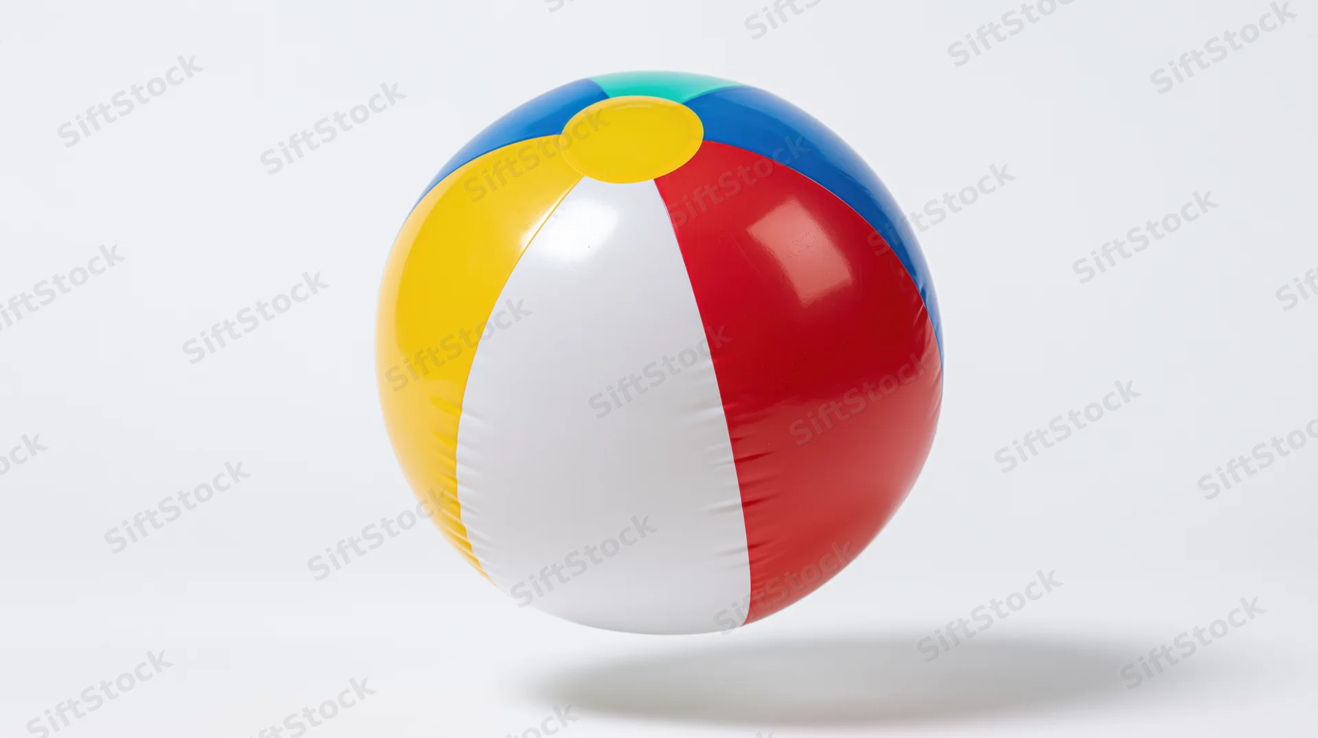 Inflatable beach ball with colorful panels floating against white background