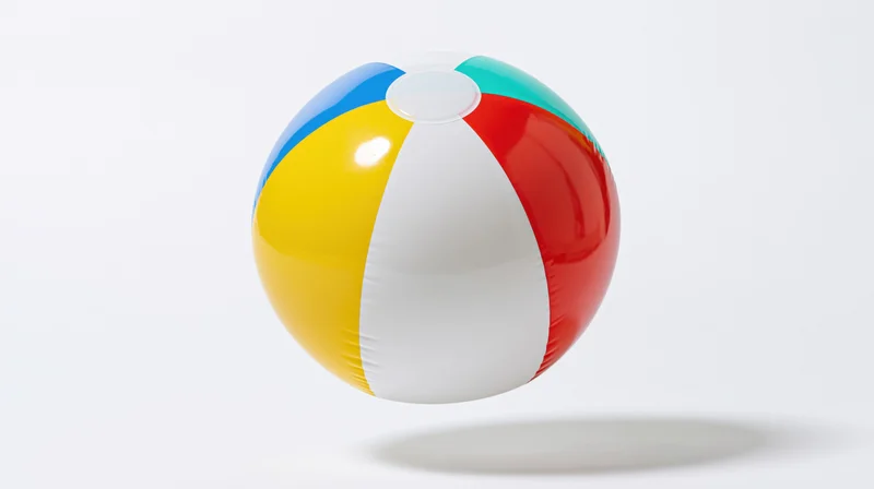 Inflatable beach ball with colorful panels floating against white background