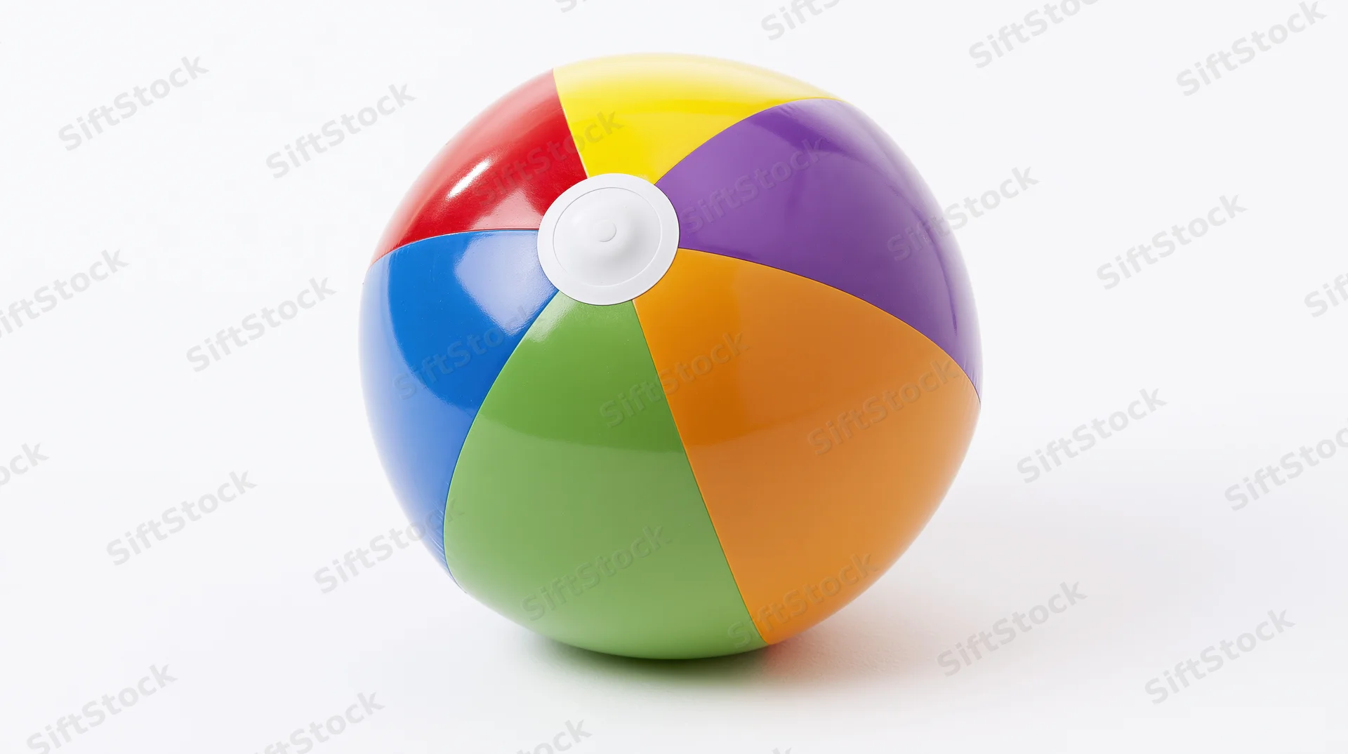 Inflated beach ball with rainbow-colored panels on white background