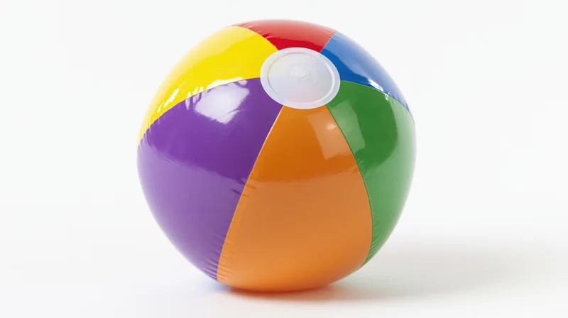 Inflated beach ball with rainbow-colored panels on white background