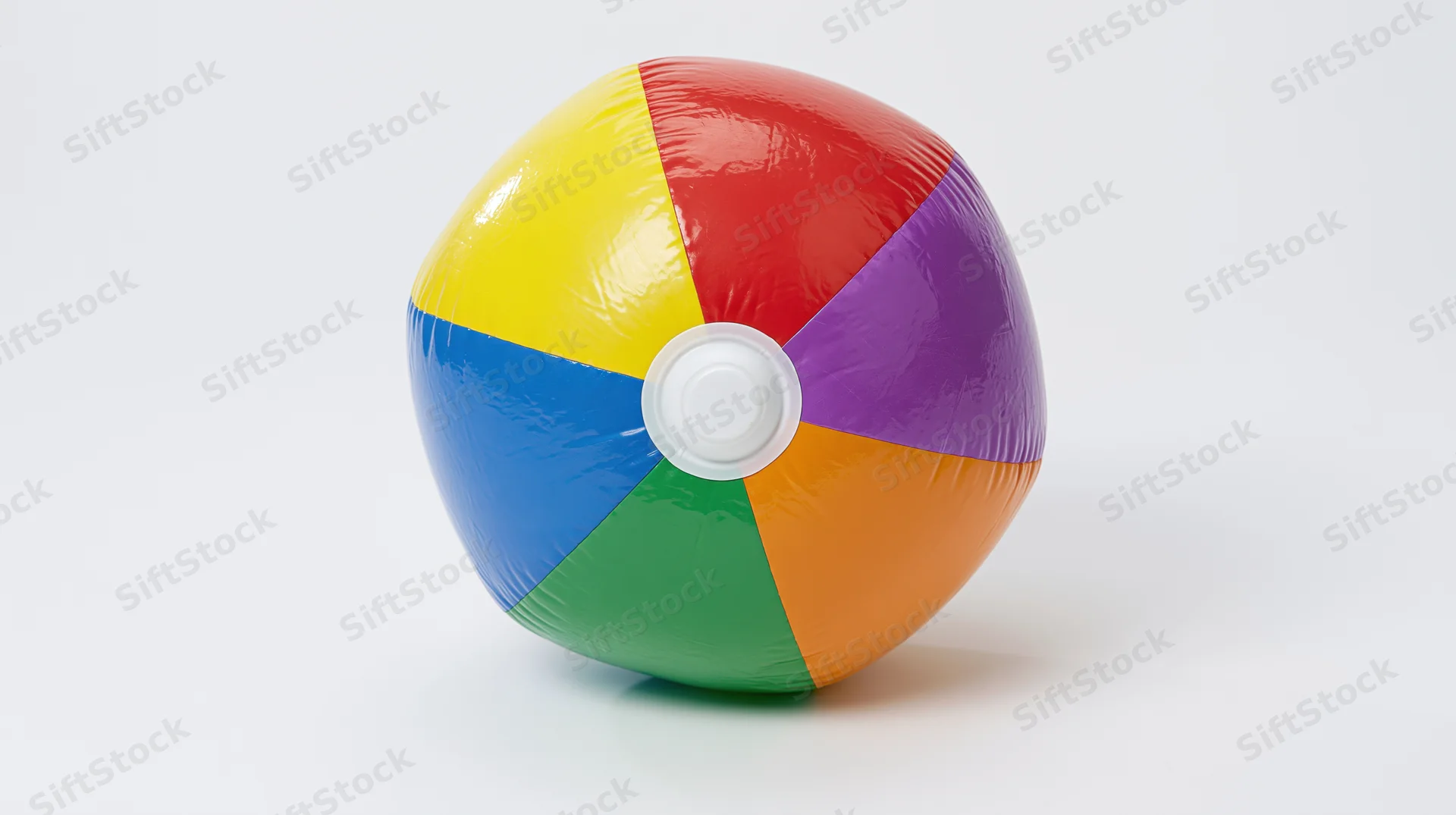 Inflated beach ball with rainbow-colored panels on white background