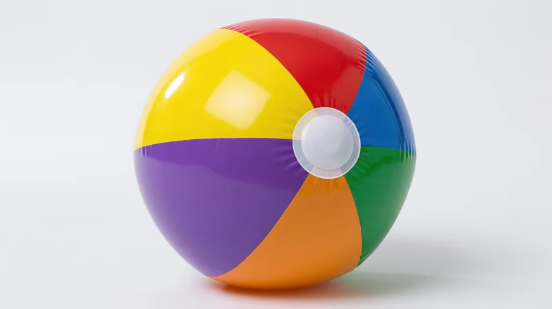 Inflated beach ball with rainbow-colored panels on a white background