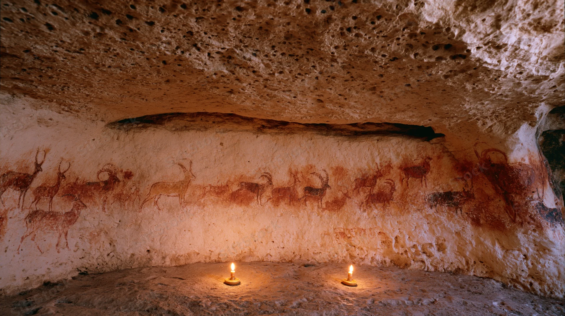 Ancient animal paintings on cave wall illuminated by candles inside prehistoric rock shelter