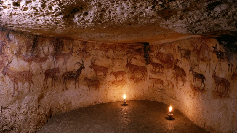 Prehistoric cave interior with ancient animal paintings on rock walls lit by torches