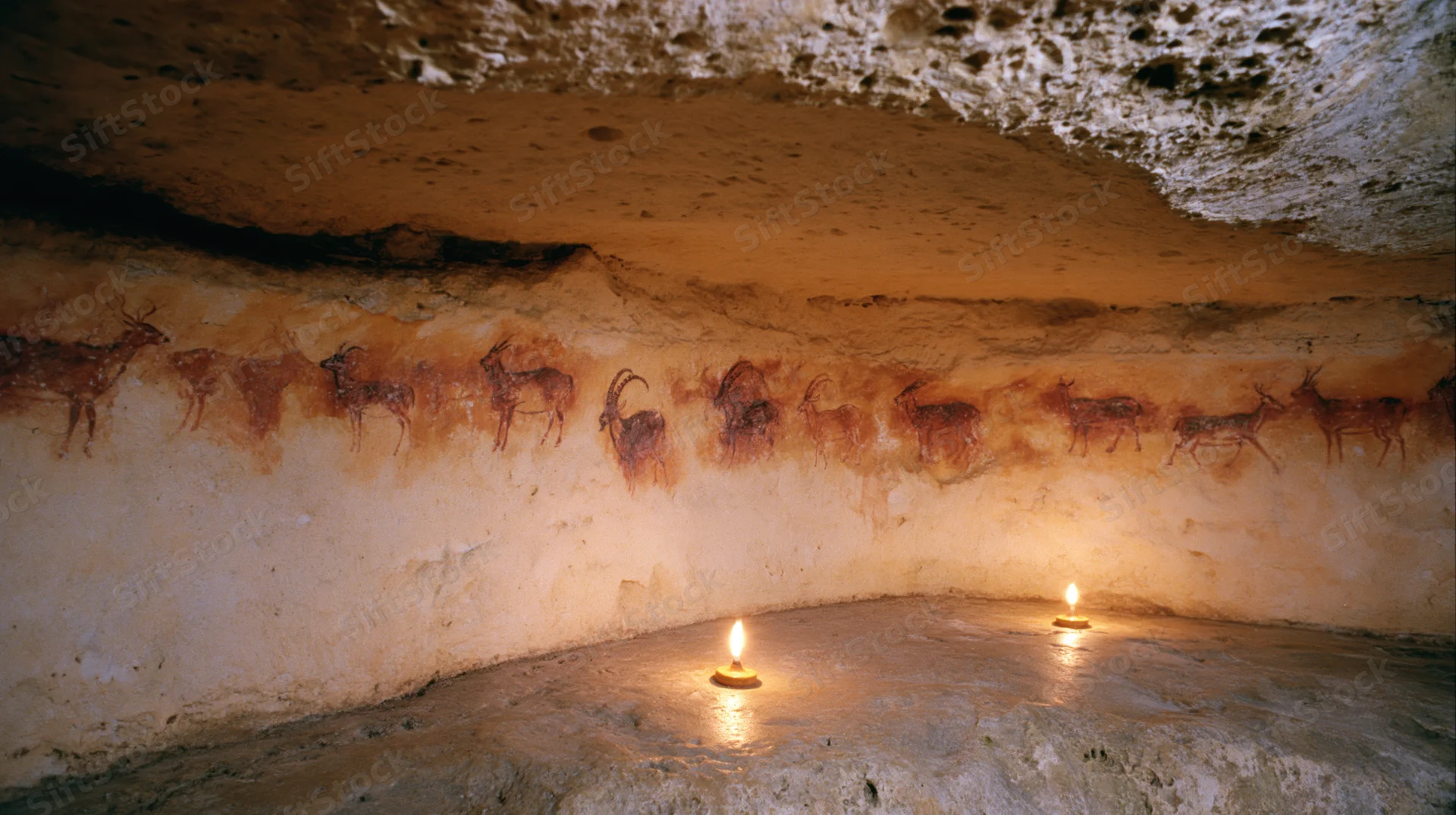 Ancient animal paintings on cave wall illuminated by candles inside prehistoric cave
