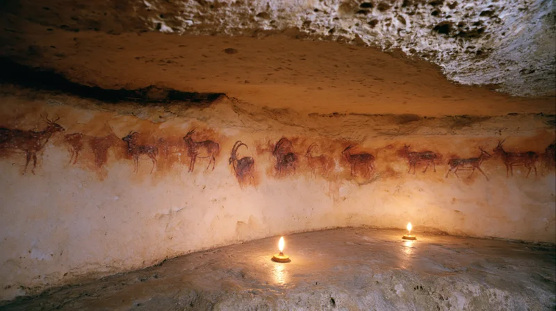 Ancient animal paintings on cave wall illuminated by candles inside prehistoric cave