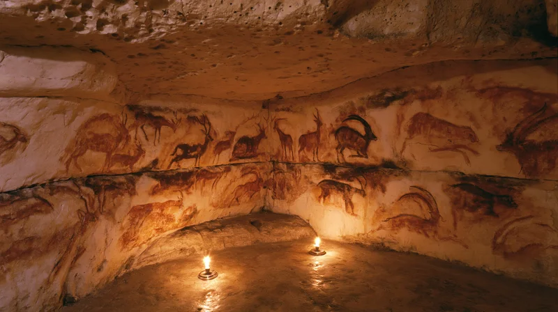 Prehistoric cave interior with ancient animal paintings on stone walls lit by candles