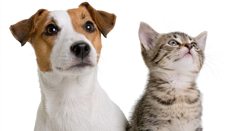 Jack russell terrier and tabby kitten looking up against white background