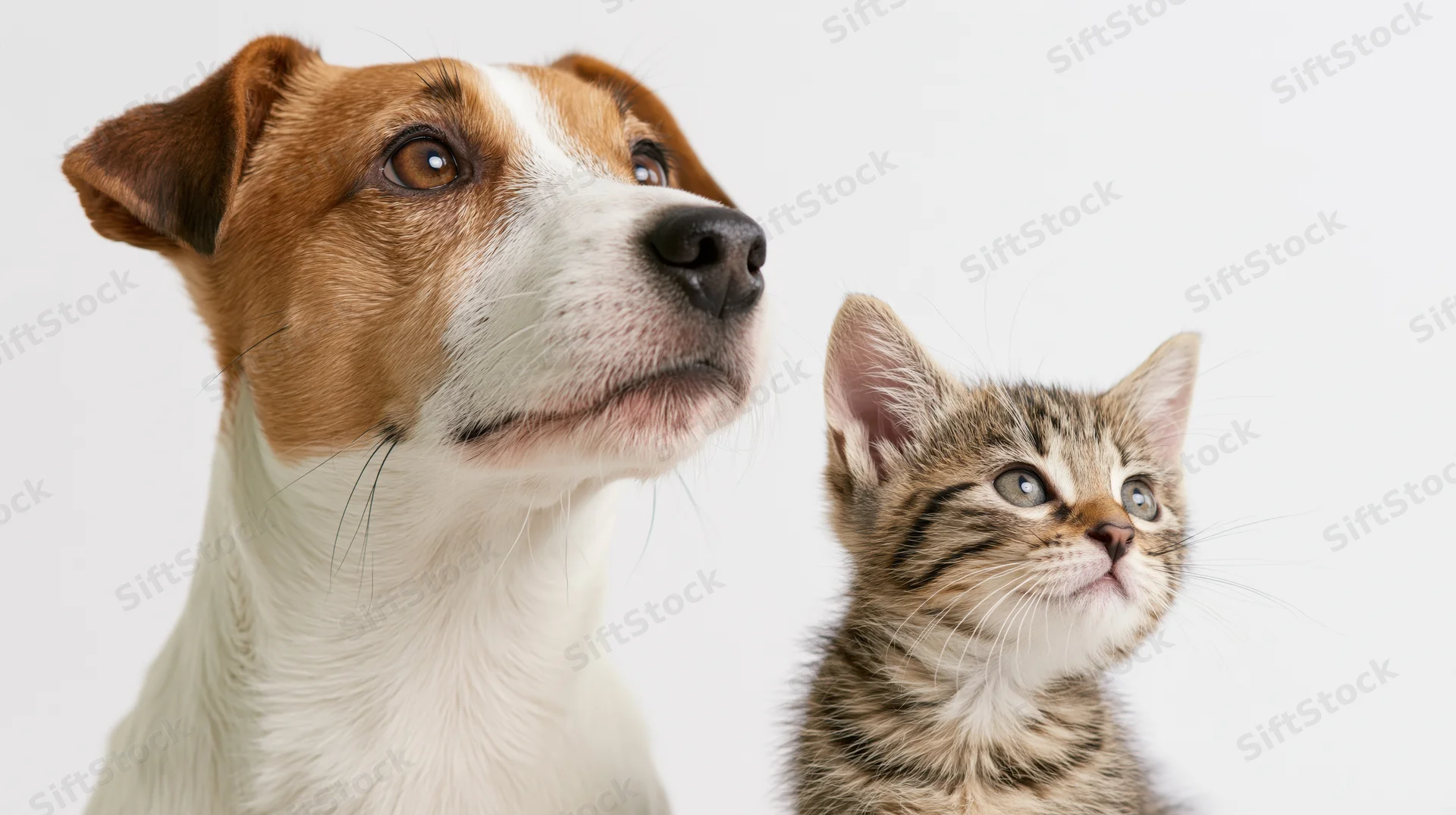 Jack russell terrier and tabby kitten looking up in studio portrait