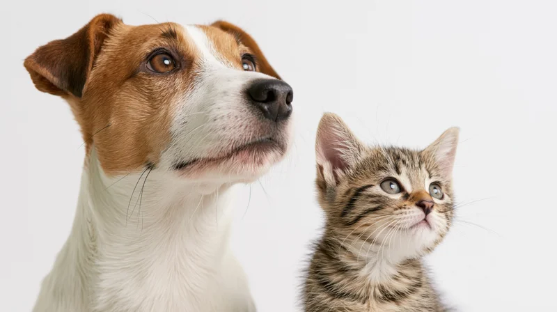 Jack russell terrier and tabby kitten looking up in studio portrait