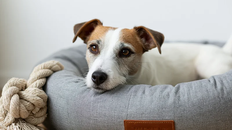 Jack russell terrier lying alert in a round grey fabric pet bed with rope toy beside it