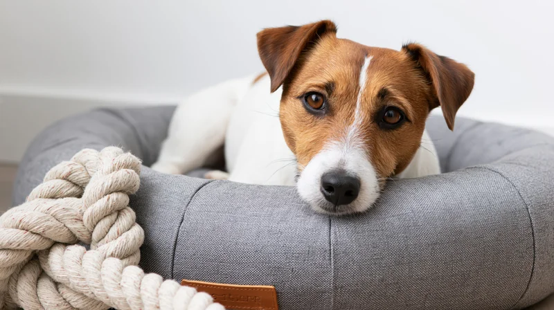 Jack russell terrier lying alert in a round grey fabric pet bed with a rope toy beside it