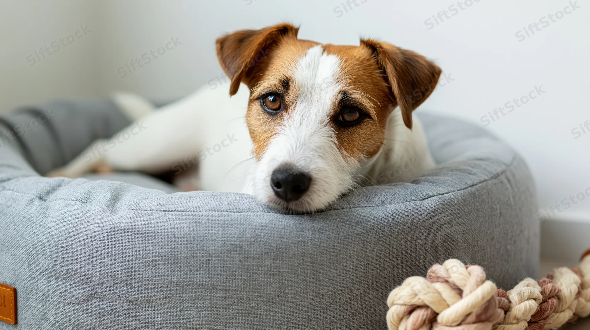 Jack russell terrier lying alert in a round grey fabric pet bed with rope toy nearby