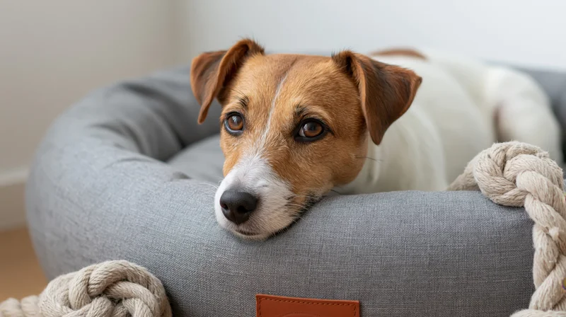 Jack russell terrier lying alert in a round grey fabric pet bed with rope toy nearby