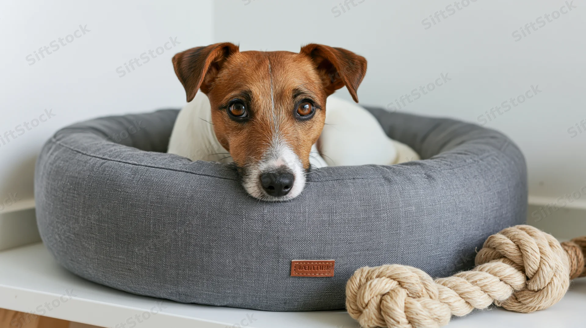 Jack russell terrier resting in round gray fabric dog bed on shelf with rope toy beside it