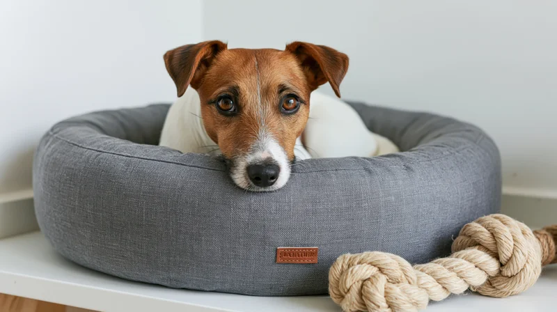 Jack russell terrier resting in round gray fabric dog bed on shelf with rope toy beside it
