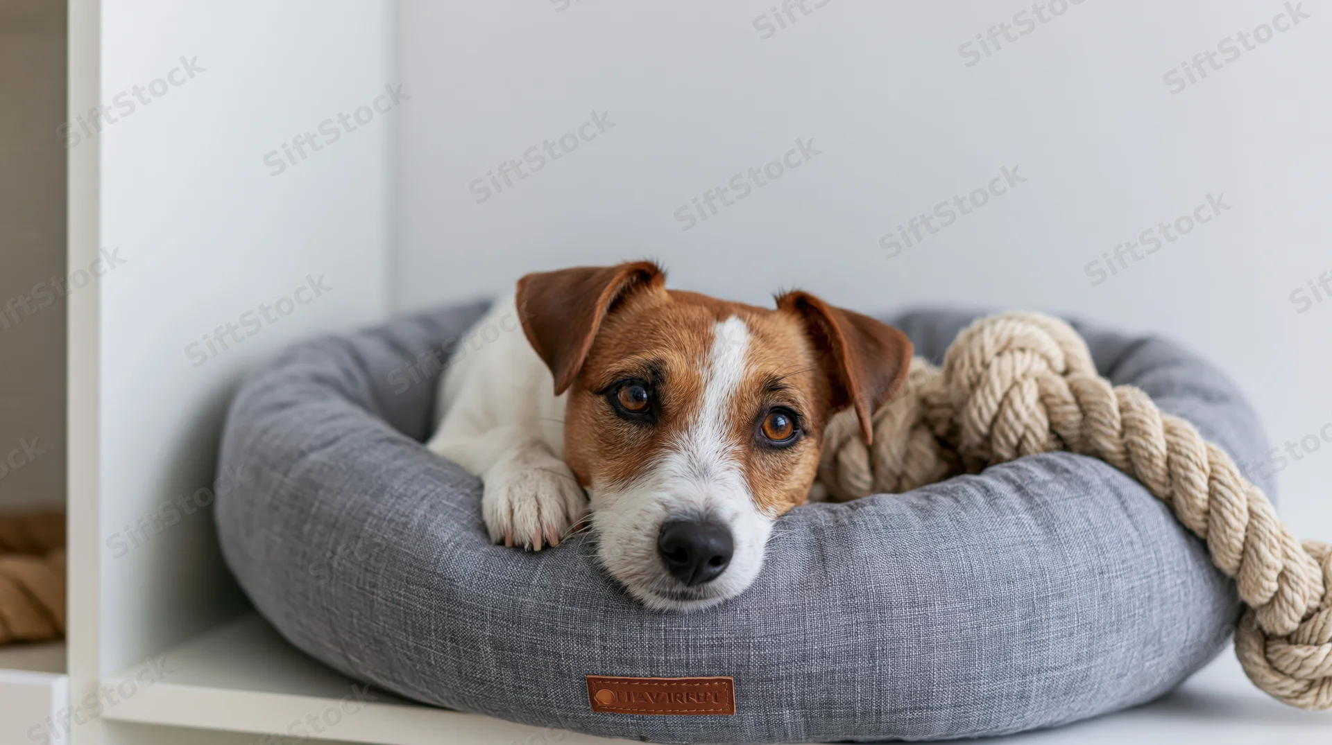 Jack russell terrier lying in round grey fabric dog bed on white shelf