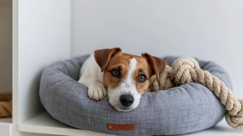 Jack russell terrier lying in round grey fabric dog bed on white shelf