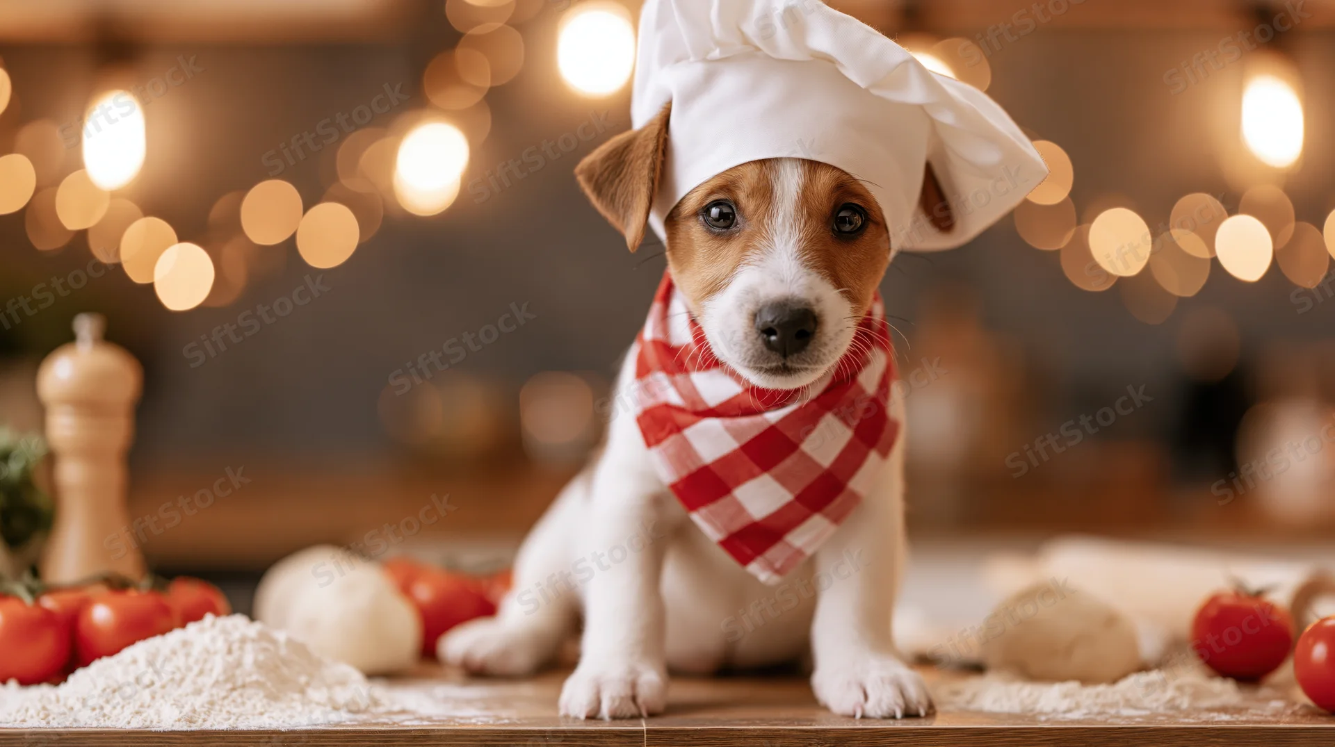 Jack russell terrier puppy wearing chef hat and checkered bandana sitting on wooden kitchen countertop surrounded by cooking ingredients