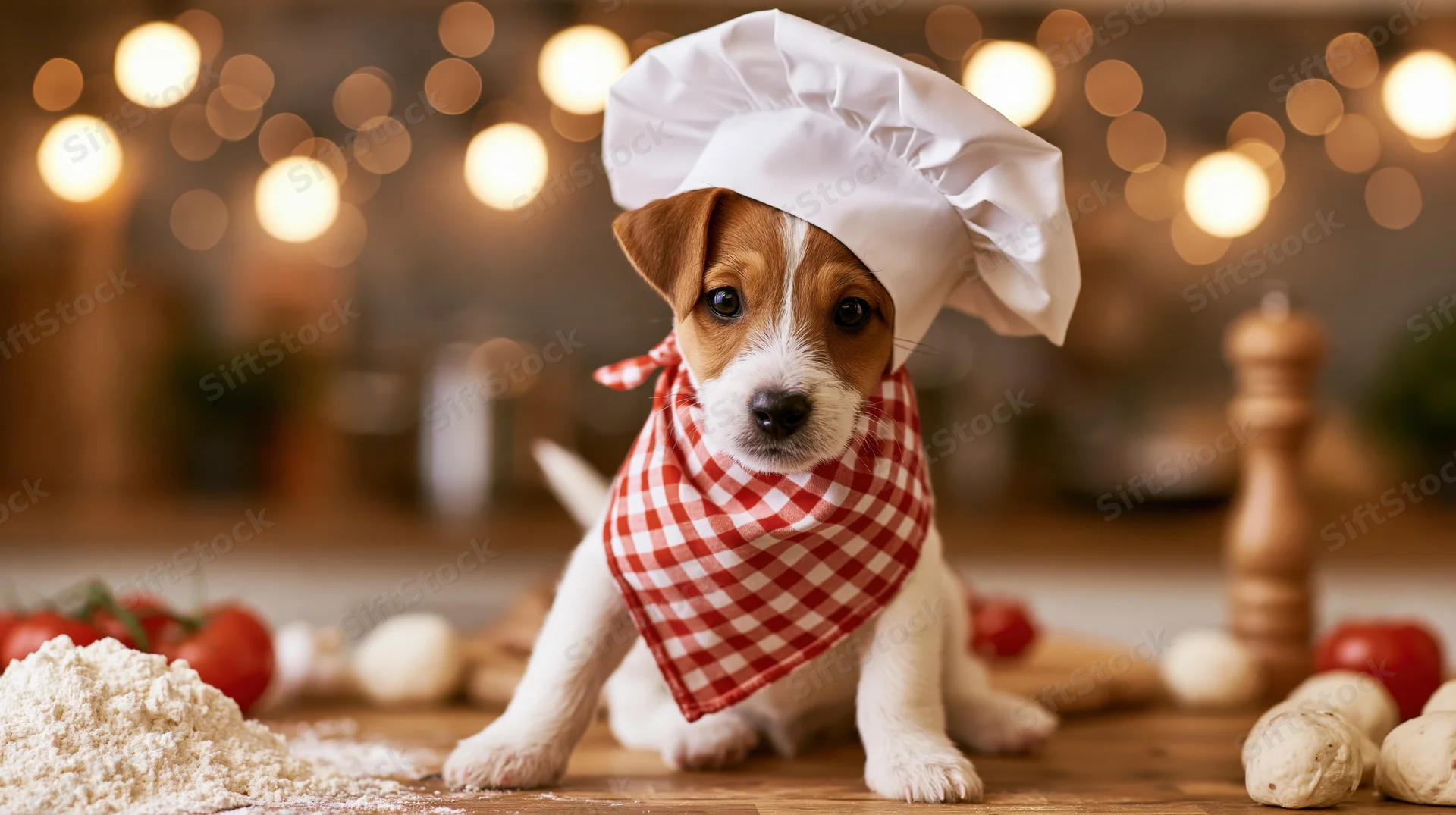 Jack russell terrier puppy wearing chef hat and red checkered bandana sitting on wooden kitchen countertop surrounded by cooking ingredients