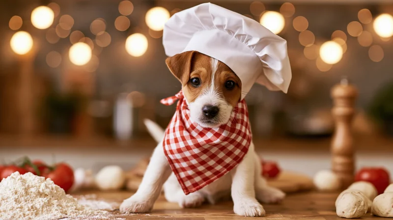 Jack russell terrier puppy wearing chef hat and red checkered bandana sitting on wooden kitchen countertop surrounded by cooking ingredients