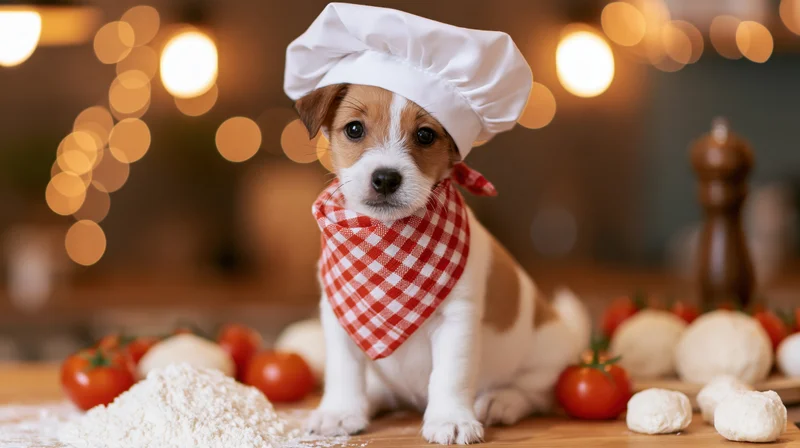 Jack russell terrier puppy wearing chef hat and checkered bandana sitting on wooden kitchen counter surrounded by tomatoes, flour, and dough