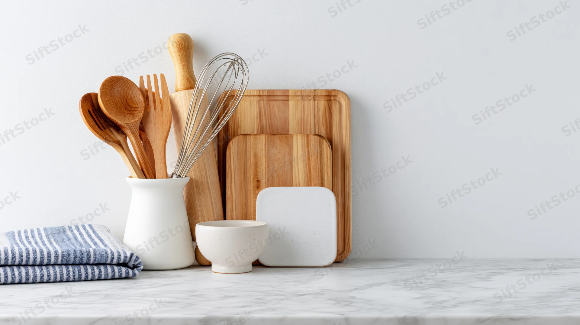 Kitchen utensils arranged on a white marble countertop with copyspace