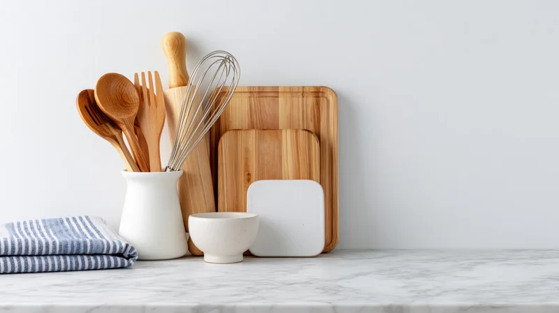 Kitchen utensils arranged on a white marble countertop with copyspace
