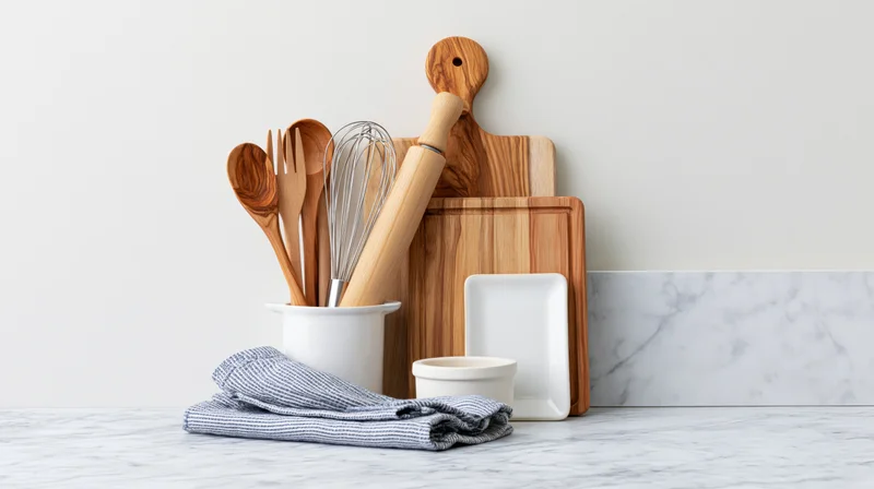 Wooden kitchen utensils arranged with ceramic dishes and a towel on a white marble countertop