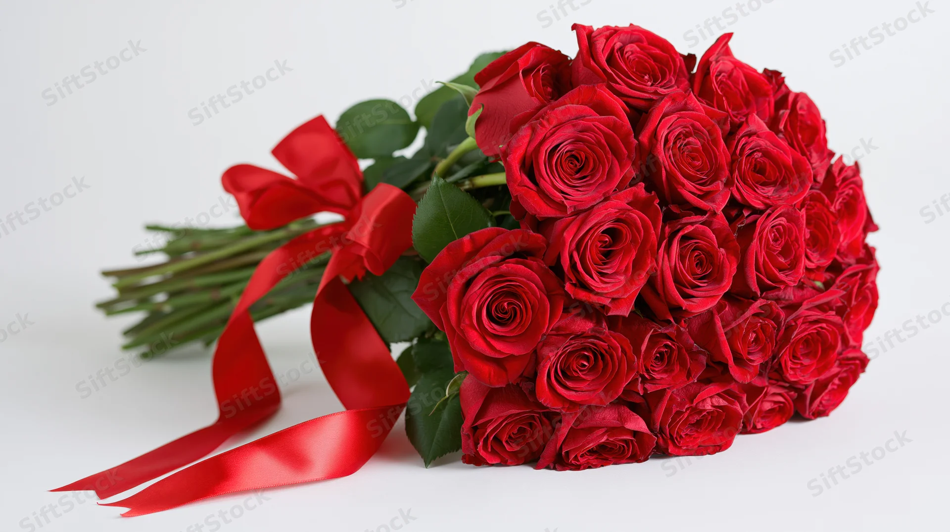 Large bouquet of deep red roses tied with a satin red ribbon on white background