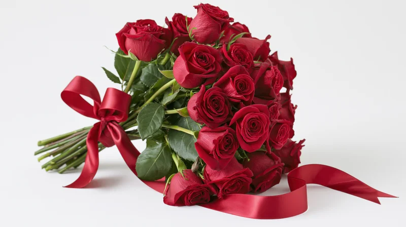 Large bouquet of deep red roses tied with a satin red ribbon on white background
