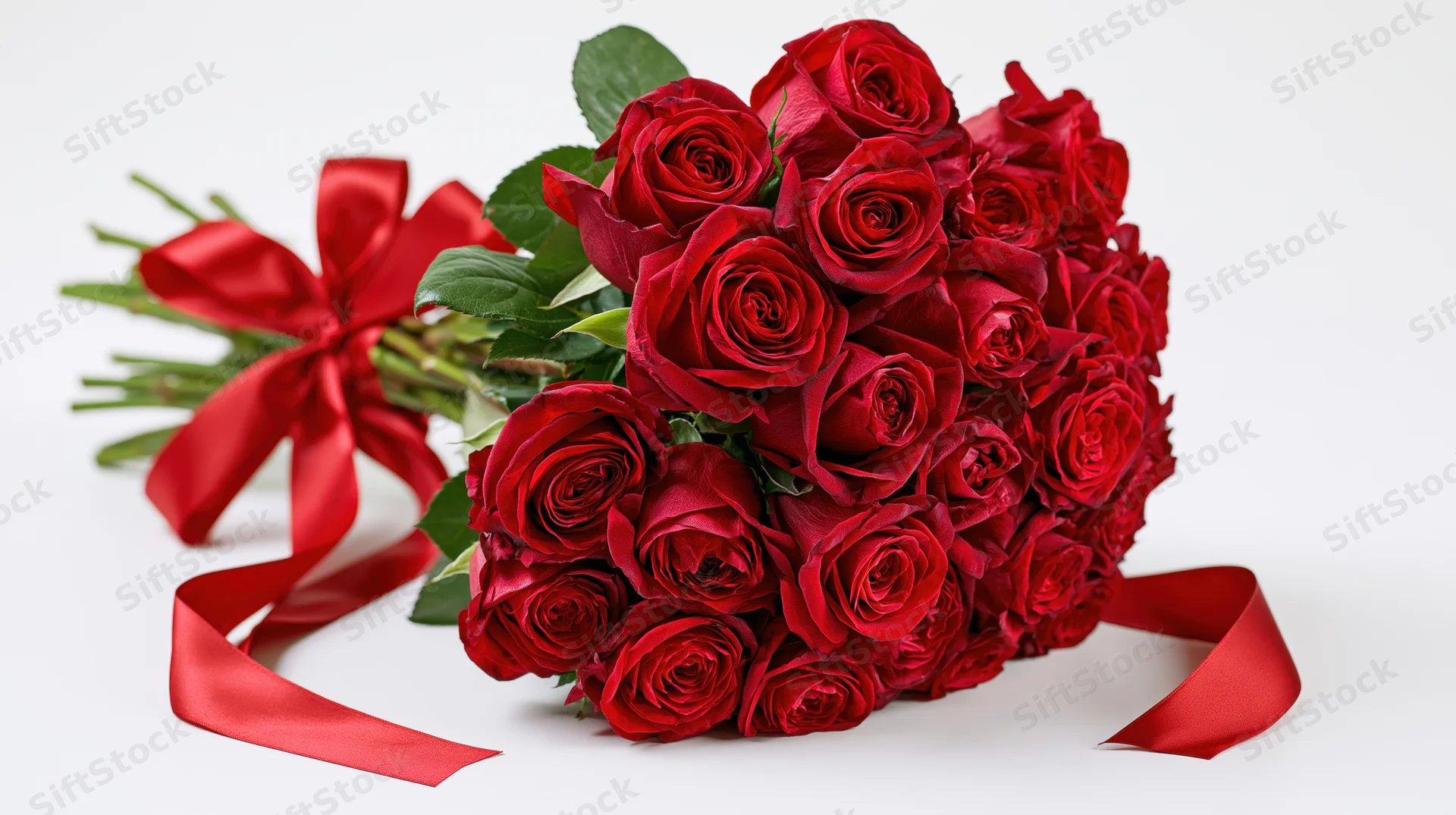 Large bouquet of deep red roses tied with a satin red ribbon on white background