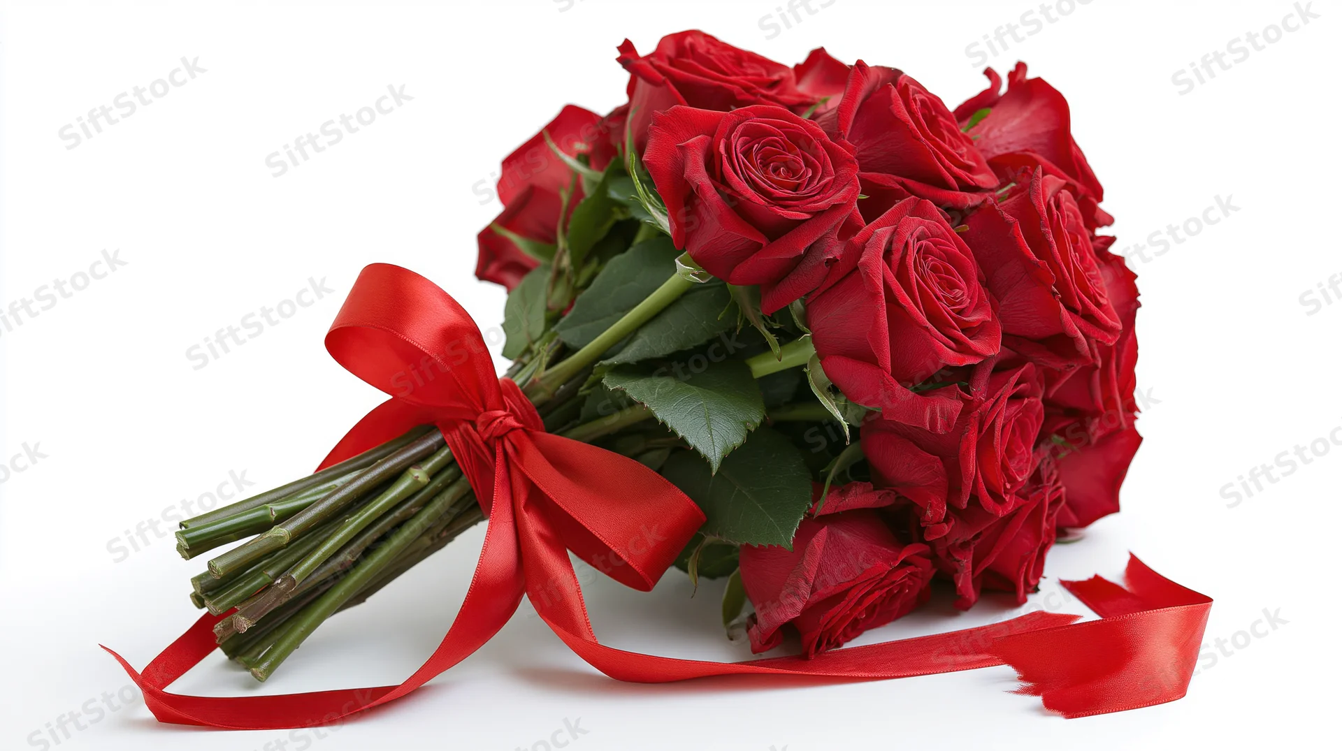 Large bouquet of deep red roses tied with a satin red ribbon on white background