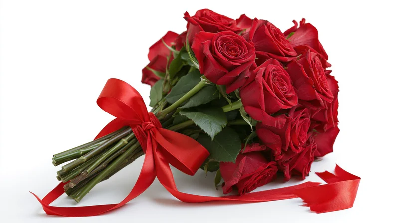 Large bouquet of deep red roses tied with a satin red ribbon on white background