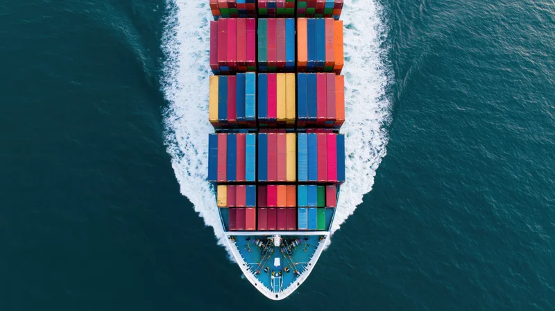 Overhead view of a cargo container ship moving through the ocean with stacked containers and a white wake