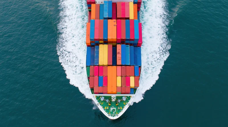 Overhead view of a cargo container ship moving through the ocean with multicolored containers stacked on deck