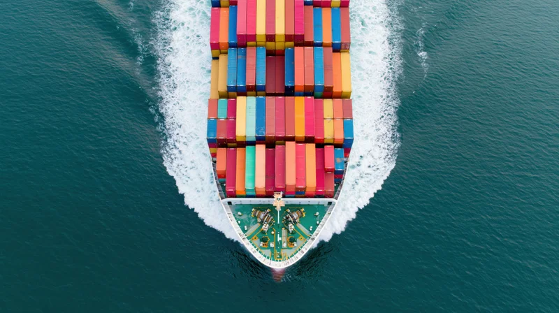 Overhead view of a large cargo container ship moving through the ocean with multicolored containers stacked on deck