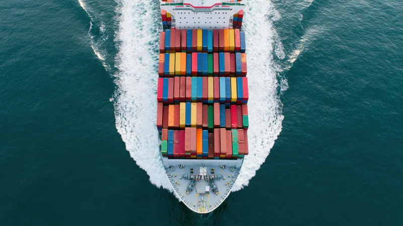 Overhead view of a large cargo container ship moving through the ocean with multicolored containers stacked on deck