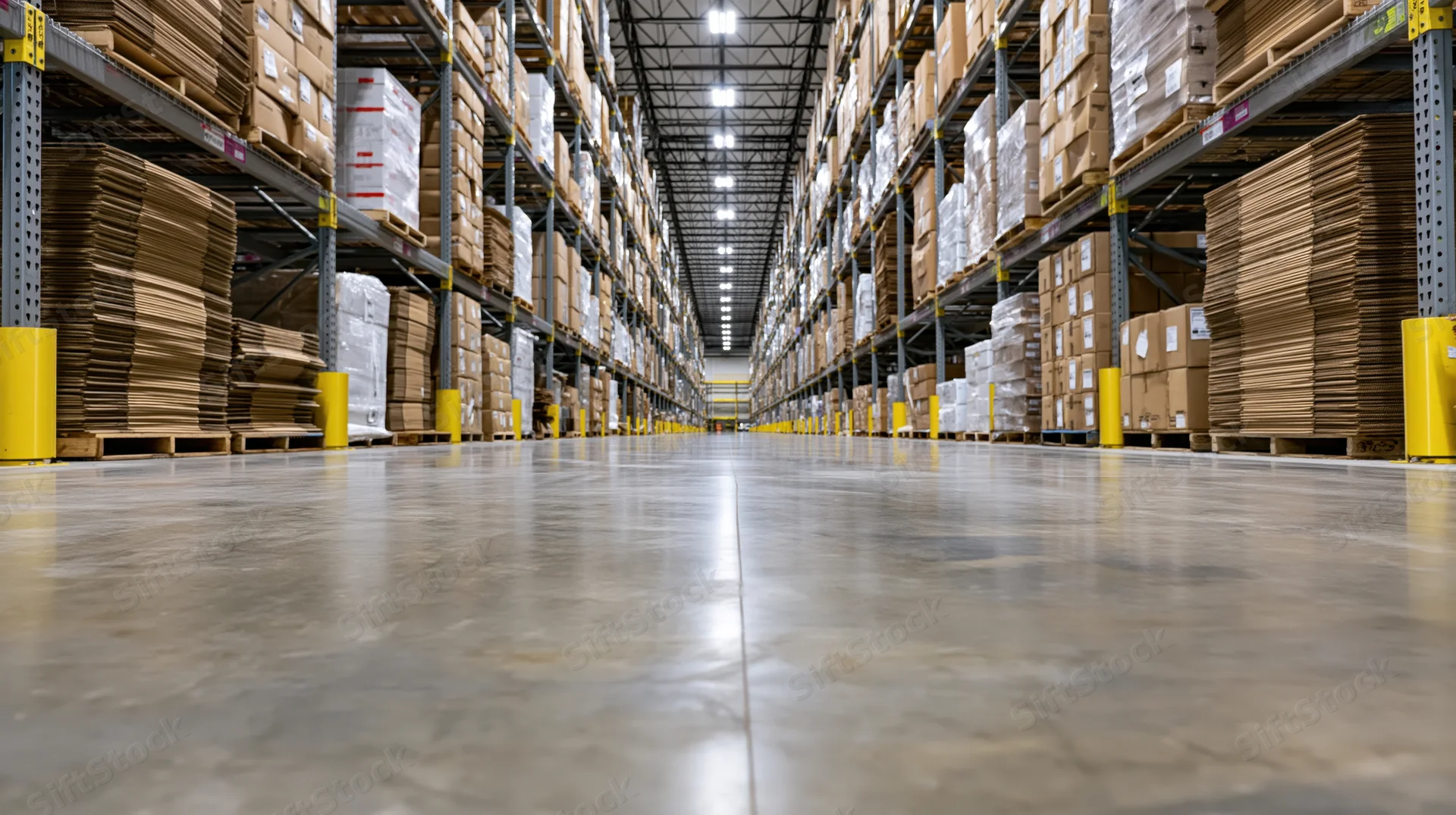 Long aisle in a large warehouse with tall metal shelving units filled with boxes and pallets