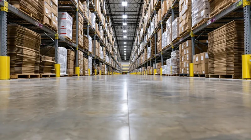 Long aisle in a large warehouse with tall metal shelving units filled with boxes and pallets