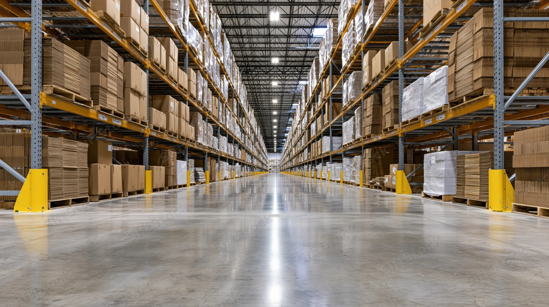 Long aisle between tall metal shelving units in a large warehouse interior