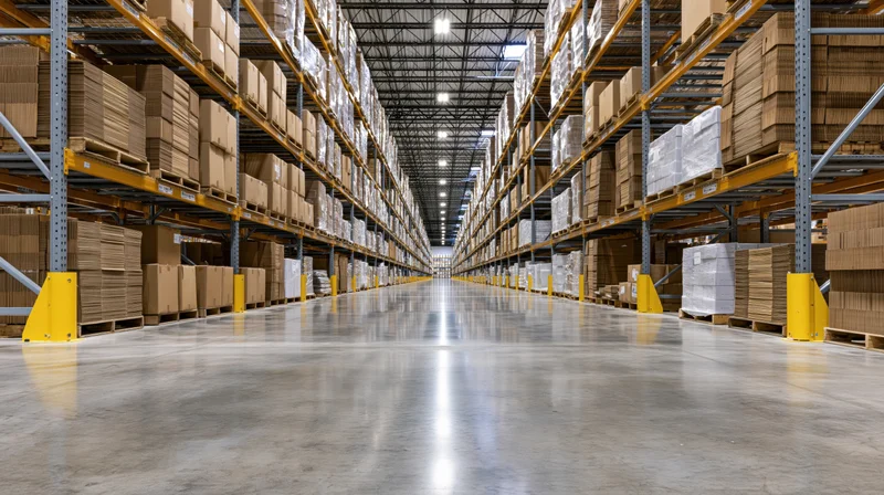 Long aisle between tall metal shelving units in a large warehouse interior