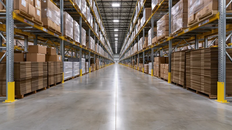 Long aisle between tall metal shelving units in a commercial warehouse