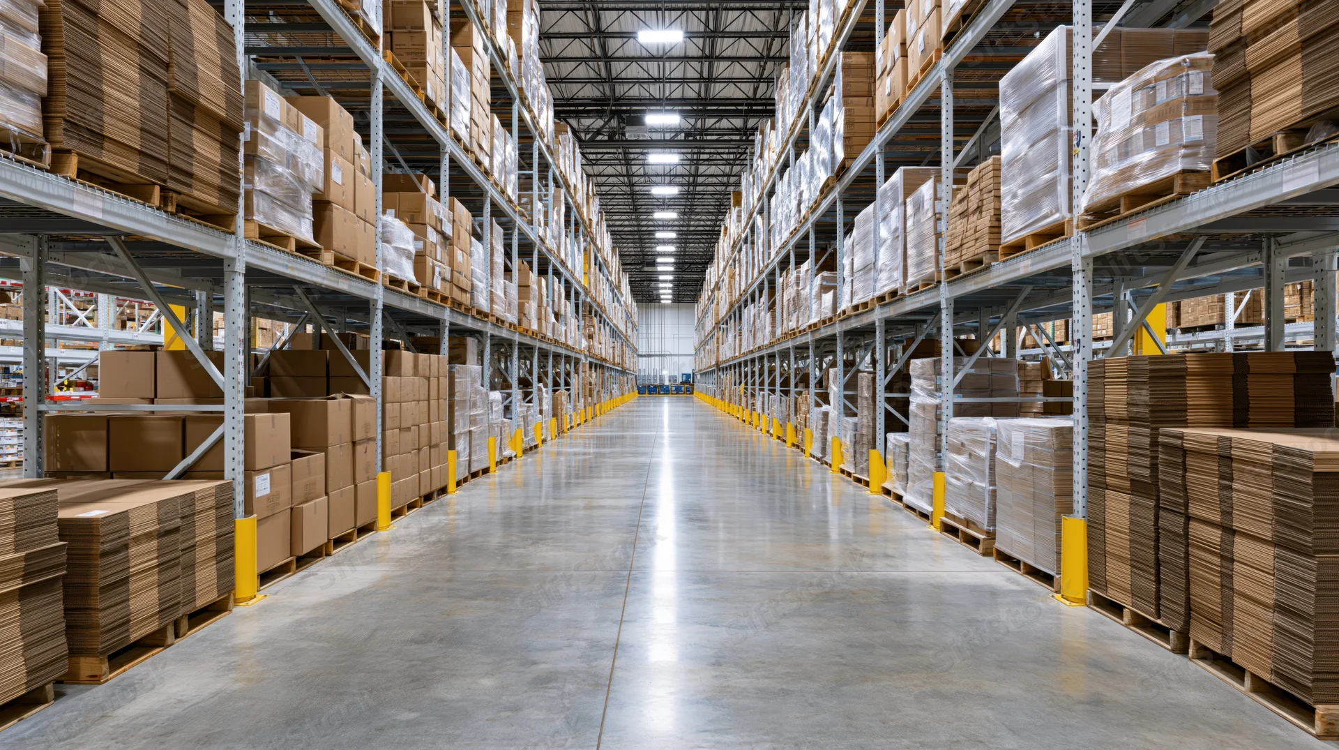 Long aisle between tall metal shelving units in a commercial warehouse interior