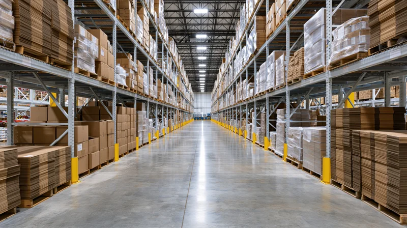 Long aisle between tall metal shelving units in a commercial warehouse interior